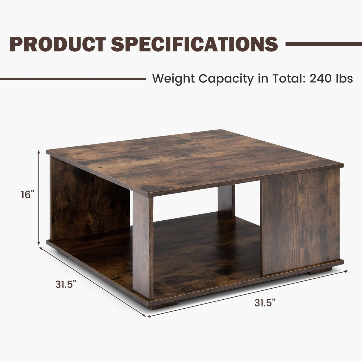 Giantex 32” Square Coffee Table, 2-Tier Wooden Table with Storage Shelf, Industrial Home Accent Table, Mid-Century Center Table Ideal for Living Room, Study Room(Rustic Brown) Giantex