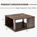 Giantex 32” Square Coffee Table, 2-Tier Wooden Table with Storage Shelf, Industrial Home Accent Table, Mid-Century Center Table Ideal for Living Room, Study Room(Rustic Brown) Giantex