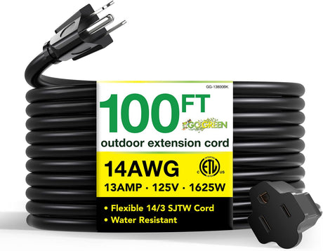 Go Green Power Inc. (GG-13800BK) 14/3 SJTW Outdoor Extension Cord, Black, 100 ft Power By GoGreen