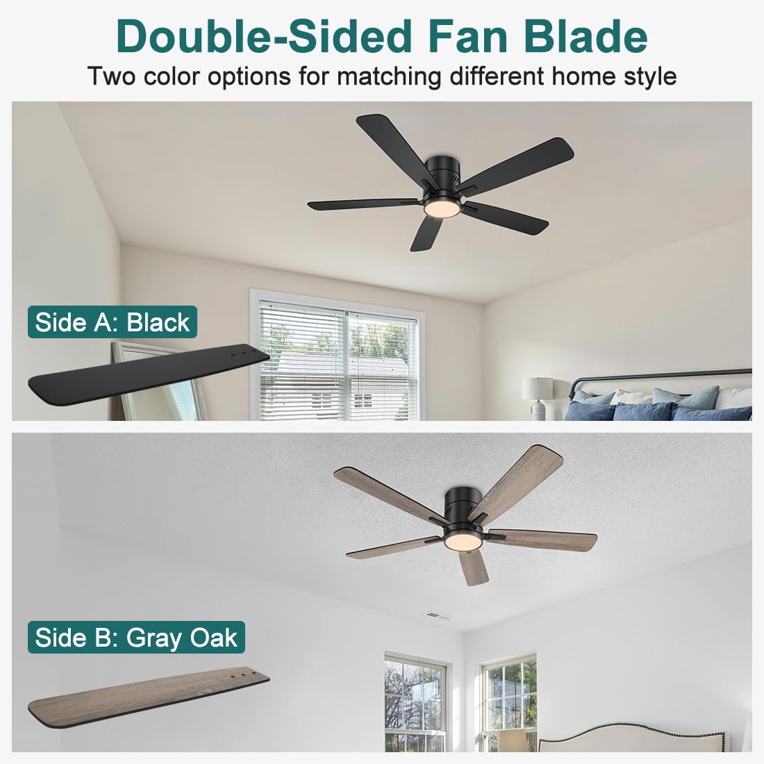 kadision 48 inch Flush Mount Ceiling Fans with Lights, 6-Speed Reversible Quite Motor, 6CCT Light Brightness Adjustable, Morden Low Profile Ceiling Fan for Bedroom Living Room, Black kadision