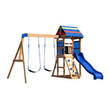 Backyard Discovery Bay Pointe All Cedar Wooden Swing Set, Large Upper Deck with Canopy, Sandbox, Rock Wall, Slide, Two Swings, Chalkboard Blue Backyard Discovery
