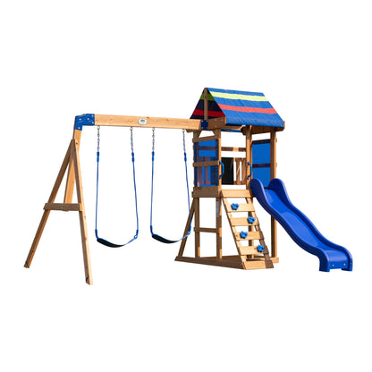 Backyard Discovery Bay Pointe All Cedar Wooden Swing Set, Large Upper Deck with Canopy, Sandbox, Rock Wall, Slide, Two Swings, Chalkboard Blue - WoodArtSupply