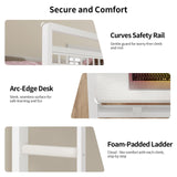 HAUOMS Bunk Bed with Desk, Twin Over Twin Metal Bunk Beds with Power Outlets, RGB LED Lights, 2 Larger Storage Drawers, Bed with Safety Guardrail & Ladders, No Box Spring Needed (White) HAUOMS