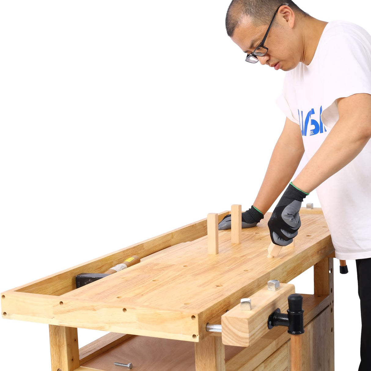 Montary 50-Inch Wood Workbench - Rubber Wooden Heavy Duty Work Bench with 3 Drawers 1 Cabinet Door and Shelf Integrated Vises for Garage Workshop, Woodworking and Home Montary