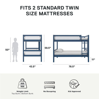 DHP Adrian Navy Blue Solid Wood Twin-Over-Twin Bunk Bed with Dry Erase Board and Underbed Storage - WoodArtSupply