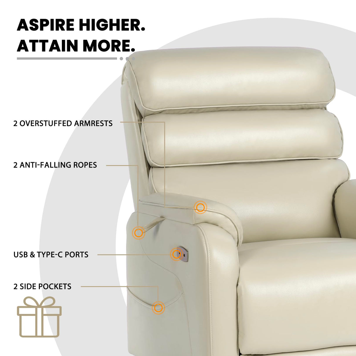 EONIX Wide Lay Flat Power Lift Recliner Chair for Elderly, 400lbs Heavy Duty Lift Chairs with Heat and Massage Charging Ports, Oversized Dual Motor Power Recliner for Adults, LRY004063, Cream White EONIX