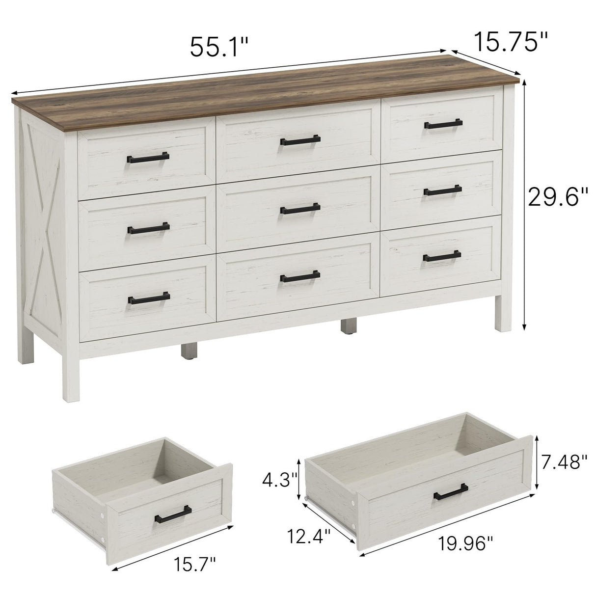 LYNSOM Farmhouse 9 Drawers Dresser for Bedroom, 55" Wide Wood Rustic Chest of Drawers with Natural Texture, Metal Handle, Storage Dressers Organizer for Entryway, Hallway, Antique White