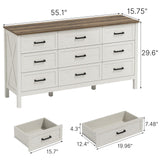 LYNSOM Farmhouse 9 Drawers Dresser for Bedroom, 55" Wide Wood Rustic Chest of Drawers with Natural Texture, Metal Handle, Storage Dressers Organizer for Entryway, Hallway, Antique White
