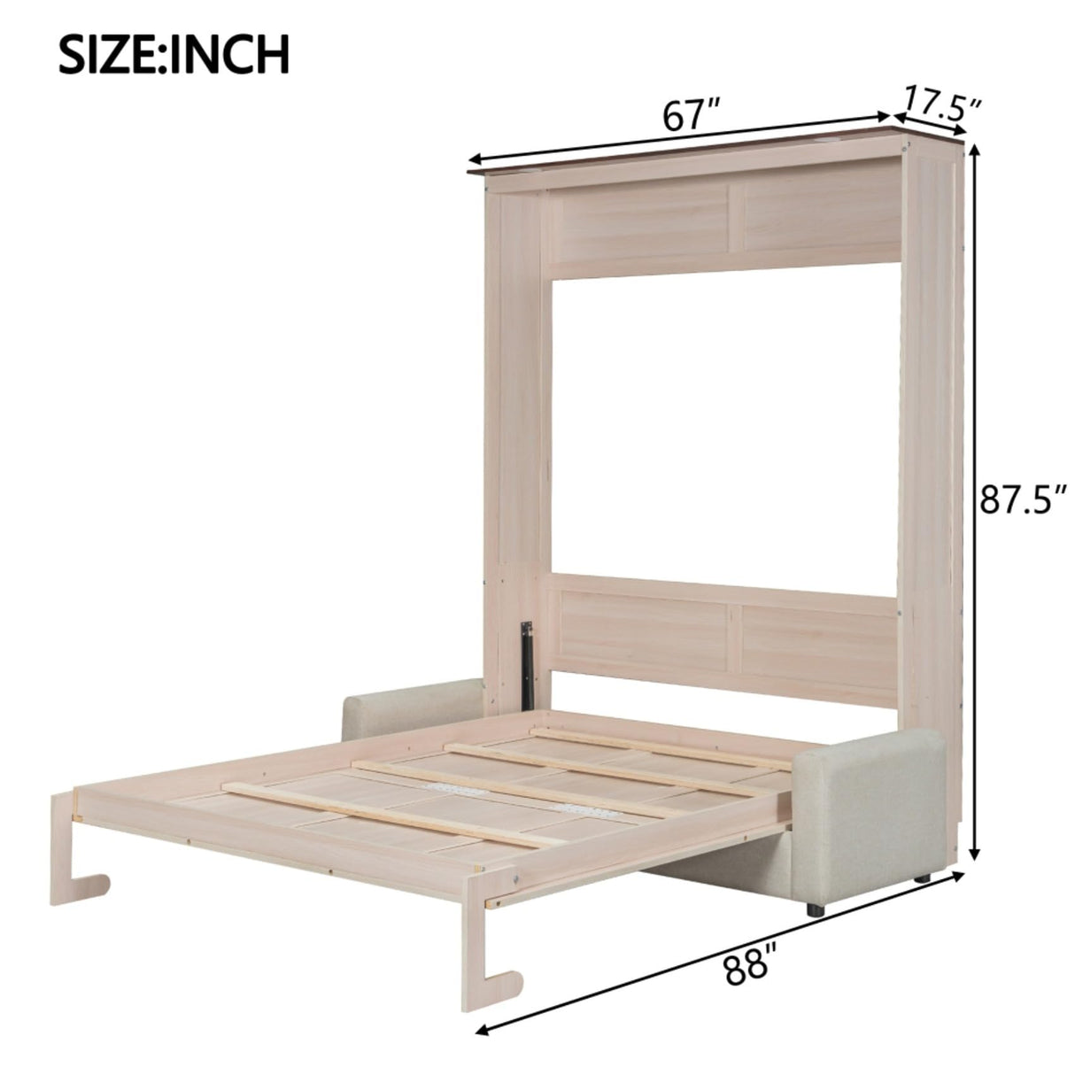 KALALLA Queen Size Murphy Cabinet Bed with Upholstered Sofa Couch and LED, Horizontal Foldable Murphy Bed with Headboard, Space Saving, Kids Boys Girls Adults, Beige ﻿ KALALLA