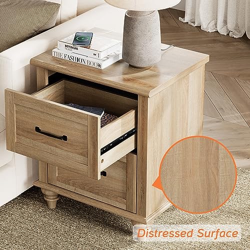 WAMPAT 4 Piece Bedroom Set, Set of 2 Wooden Dressers with 3 Drawers, Set of 2 Rattan Bedside Table Side Tables with Charging Station, 4 Piece Dresser and Nightstand Sets, Oak - WoodArtSupply