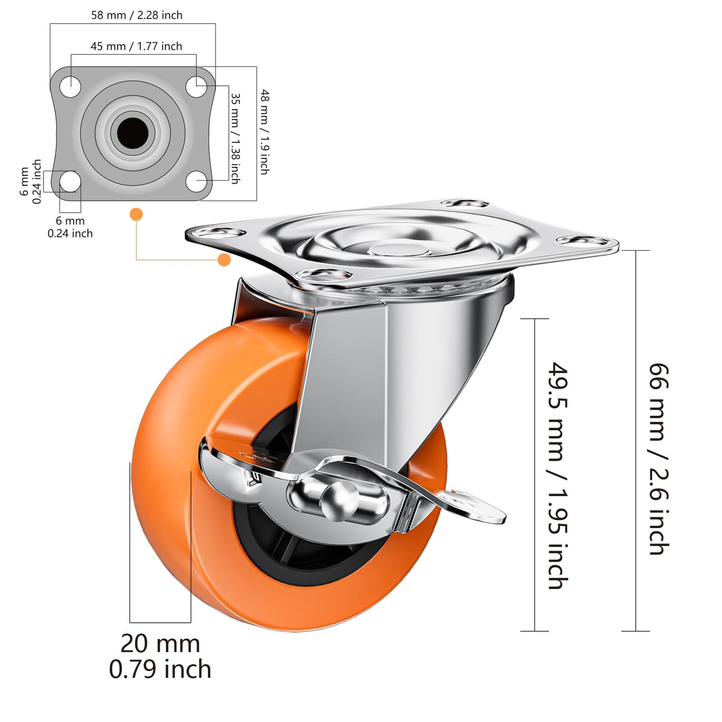 2 Inch Casters, ASHGOOB Caster Wheels with Side Brake, Locking Casters Set of 8, Industrial/Furniture Swivel Plate Caster Wheels for Workbench and Carts, Orange Polyurethane (PU) Castors (8 Pack)