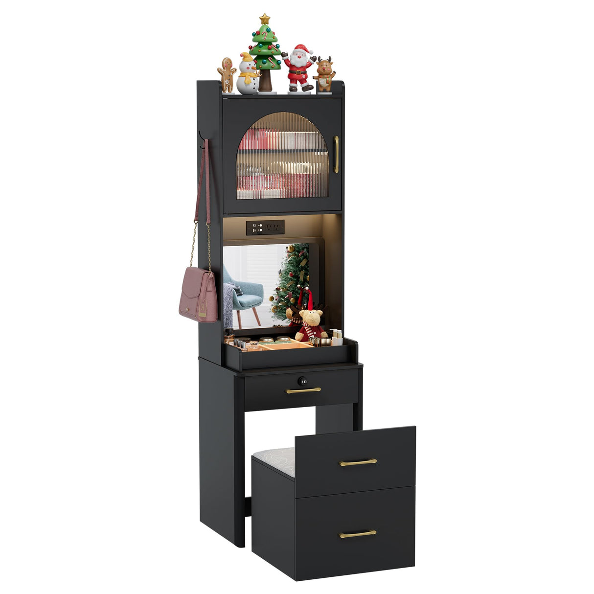 NUNU LAB 3 in 1 Vanity Desk with Mirror and Lights, Tall Makeup Vanity Set with Flip-up Mirror, Jewelry Box, Charging Station, LED Vanities Dressing Table for Small Spaces Bedroom Checkroom NUNU LAB