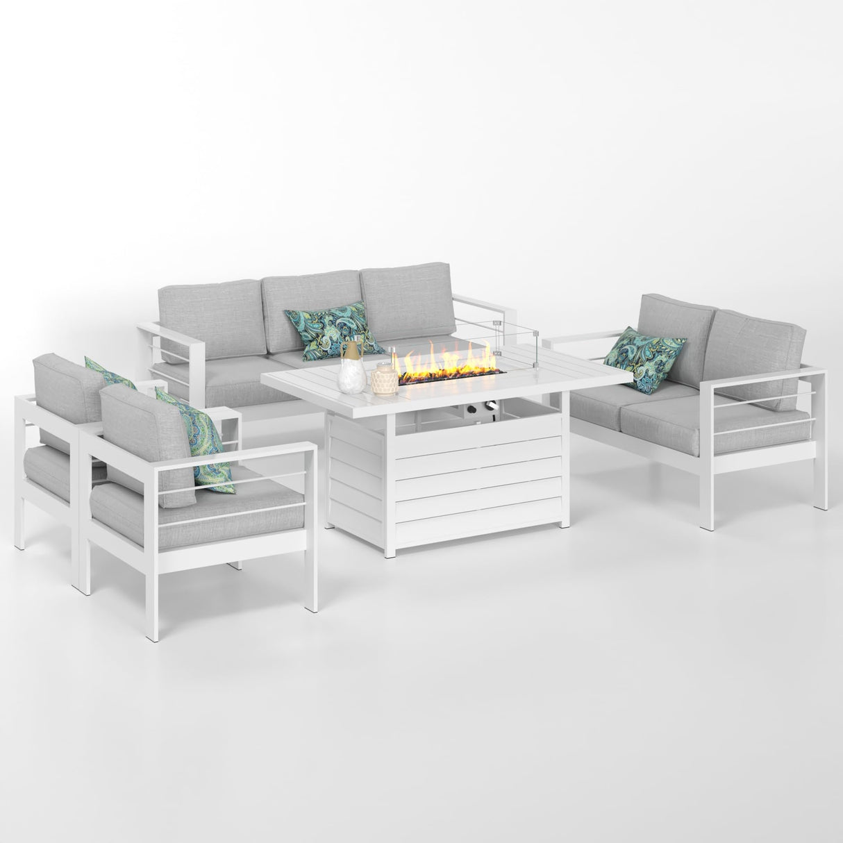 Solaste Aluminum Patio Furniture Set with Fire Pit Table, 5 Piece Metal Outdoor Furniture with Water-Resistant Cushions, Modern Patio Conversation Set for Balcony, Front Porch, and Backyard Solaste