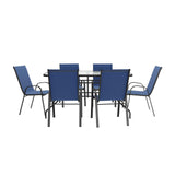 Flash Furniture Brazos 7 Piece Outdoor Patio Dining Set - 6 Navy Flex Comfort Stack Chairs - 55" Tempered Glass Patio Table with Umbrella Hole Flash Furniture