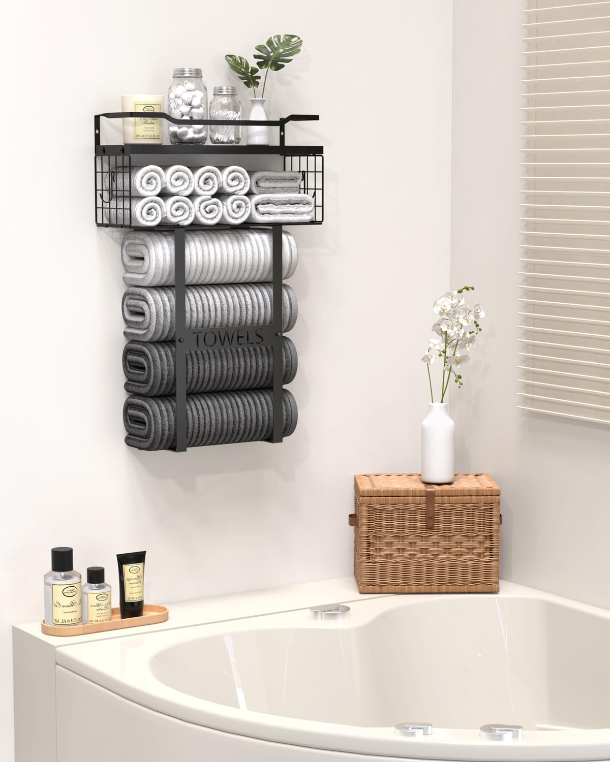 Wall Mounted Towel Rack for Bathroom - Bath Storage Holder Set Above Toilet, Rolled Towel Shelf Organizer, Wood Vertical Rack for Small Bathroom Decor, Black Aetyord