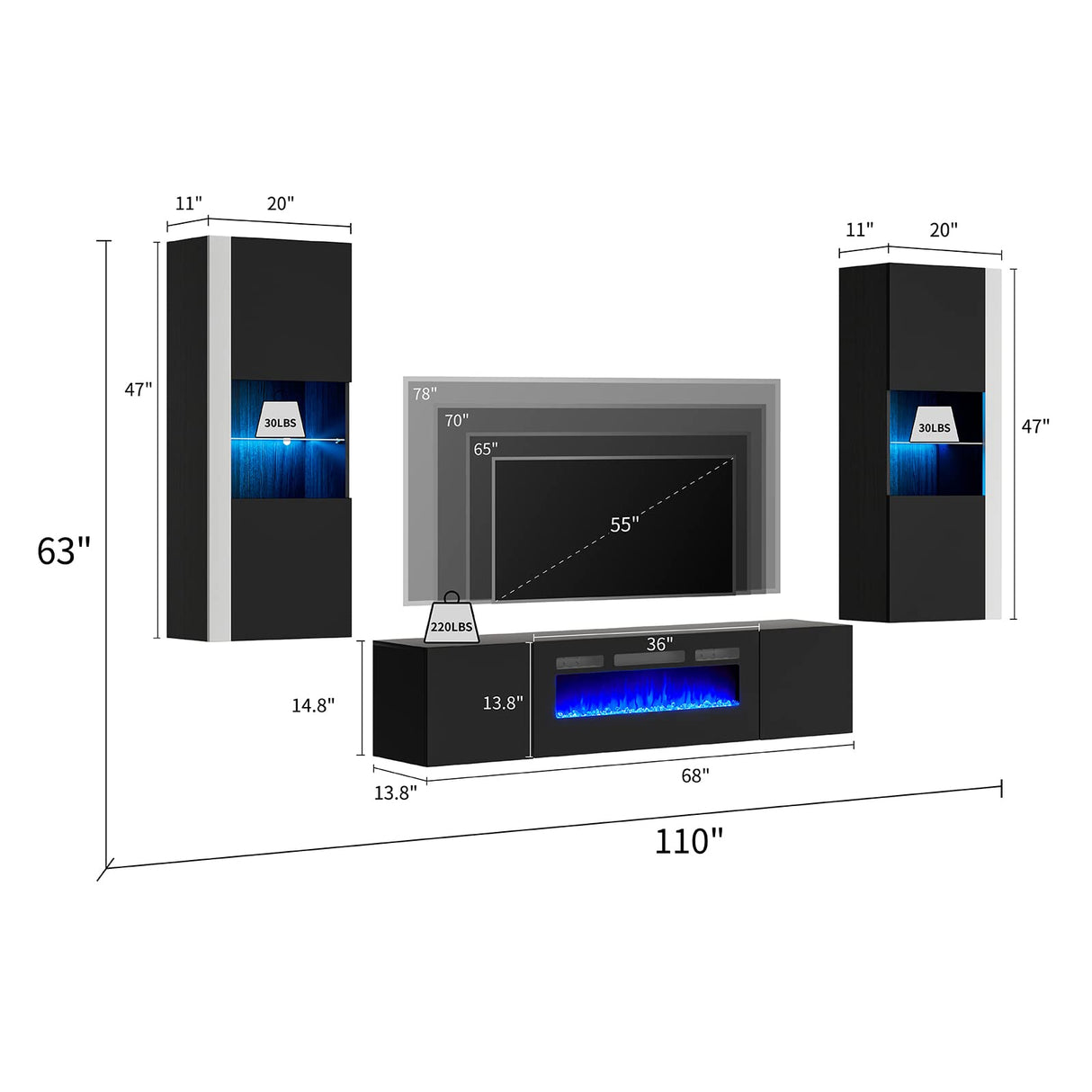 AMERLIFE Wall Unit Entertainment Center with 36" Electric Fireplace, Includes 68" Floating Fireplace TV Stand, 2 x Wall Cabinets, Modern LED Light Media Console Table for Living Room, Black/White AMERLIFE