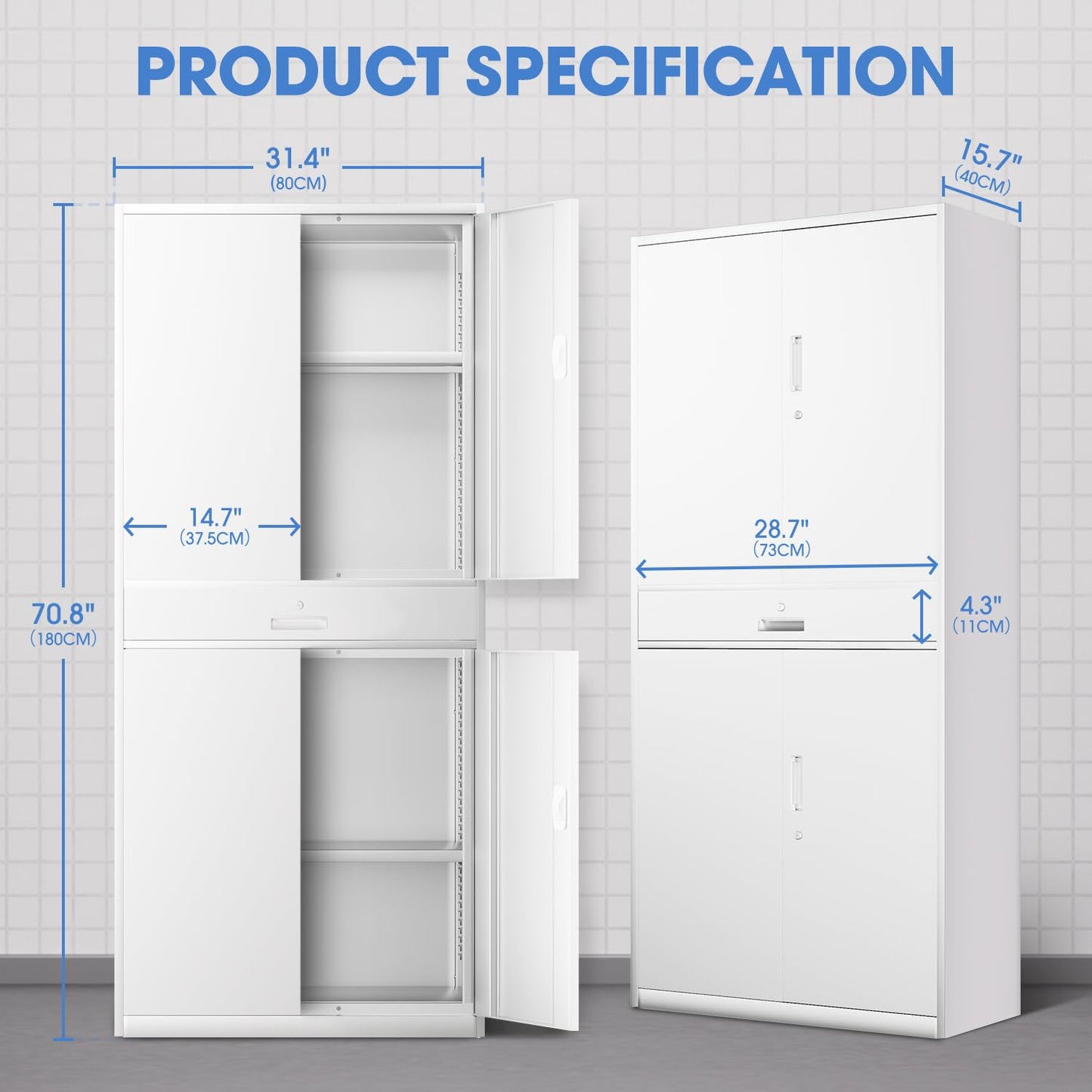 DNA MOTORING Metal Storage Cabinet, 71'' Rolling Garage Cabinet with 1 Drawer and Adjustable Shelves, Lockable Cabinet Heavy Duty Utility Cabinet for Garage,Office,Home,Gym, White, TOOLS-00629-WH-WH