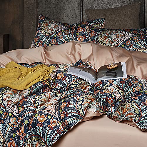 Cupocupa King Duvet Cover Set - 3pc Dark Navy Paisley Boho Bedding - Luxury Art Deco Floral Botanical Print, Soft Microfiber Reversible Quilt Cover with Pillowcases (King, 104"x90") Cupocupa