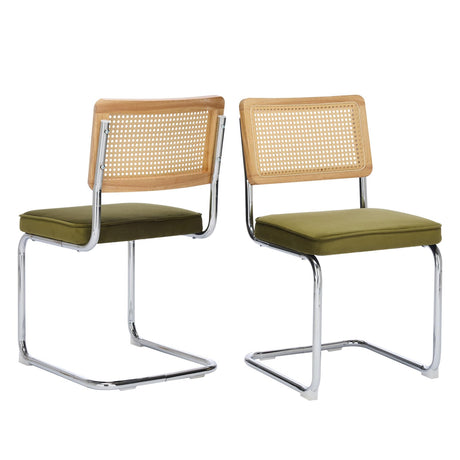 SOARMOTE Rattan Dining Chairs Set of 2,Upholstered Mid-Century Modern Dining Room Chairs with Cane Backrest,Retro Velvet Kitchen Chairs with Stainless Chrome Base,Green SOARMOTE