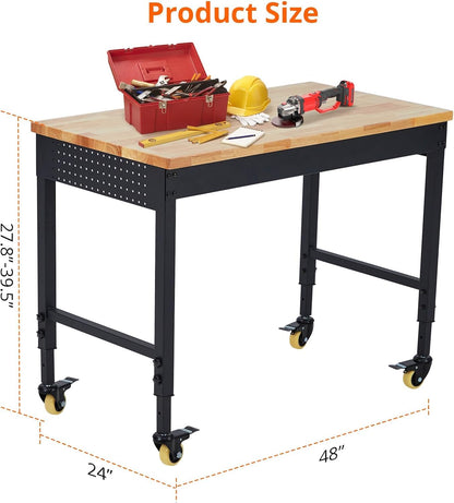 Adjustable Workbench for Garage, 48" x 24" Portable Work Bench, 2000 Lbs Capacity, Rubber Wood Workstation w/ 4 Rolling Casters, Heavy Duty Work Table with 2 USB & 4 AC Outlets - WoodArtSupply