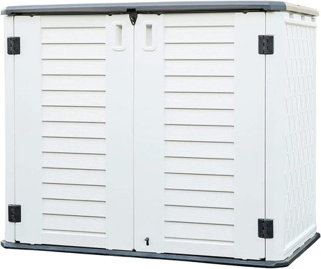 KINYING Outdoor Storage Shed - Horizontal Storage Box Waterproof for Garden, Patios, Backyards, Multi-Opening Door for Easy Storage of Bike, Garbage Cans, Tools, Lawn Mower, Off-White, 26 Cubic Feet KINYING