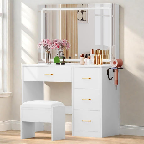 DWVO Makeup Vanity with Large LED Lighted Mirror, Vanity Desk with 4 Drawers & Power Outlet, Dressing Table with 3 Lighting Colors, Dressing Table with Cushioned Stool, Ivory White DWVO