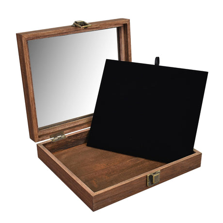 MOOCA Tempered-Glass Top Small Wooden Jewelry Display Case with Removable Black Luxurious Velvet Jewelry Display Pad, Deeper 2.2" Design for Collectibles, Brown Color. MOOCA