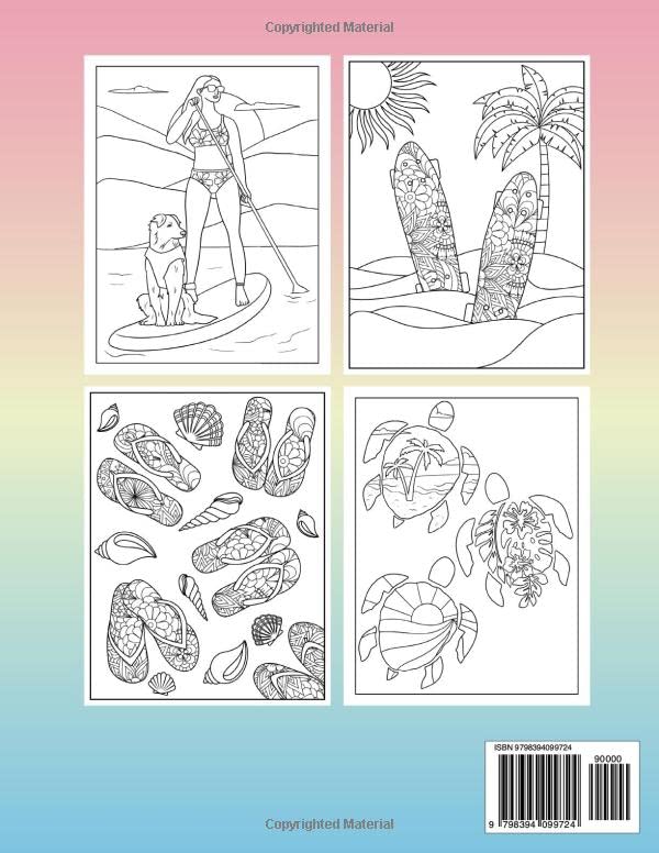 Summer Vibes Coloring Book: 40 fun and creative designs, including beach, sea and ocean scenes, turtles and surfboards. For tween and teen girls. For relaxation, mindfulness and stress relief. WoodArtSupply