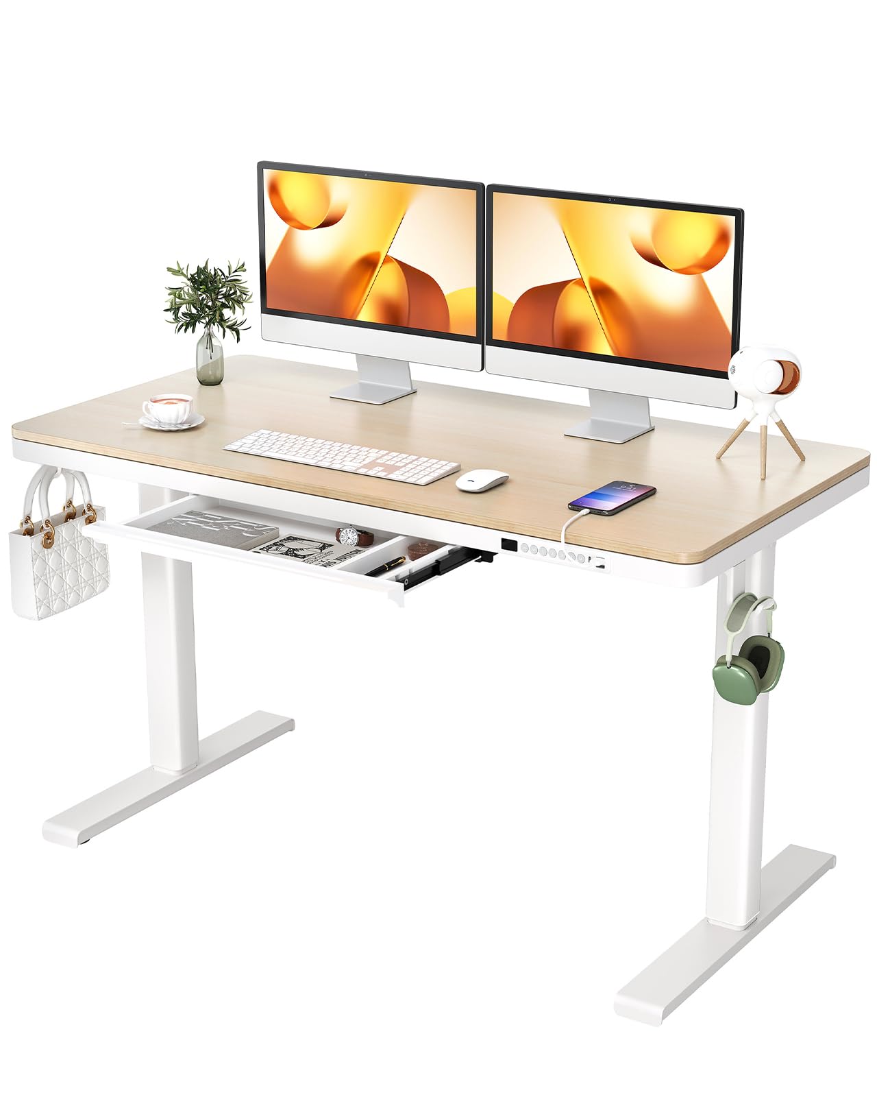 ErGear Dual Motor Electric Standing Desk with Drawers,48x24 Inch Whole-Piece Quick Install,Height Adjustable Stand up Sit Stand Home Office Ergonomic Workstation with USB Charging Ports(Natur - WoodArtSupply