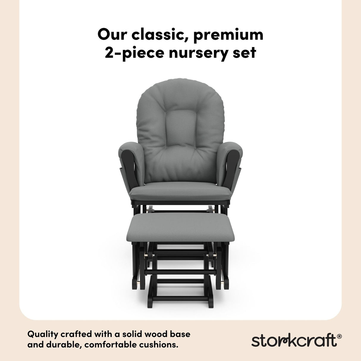 Storkcraft Premium Hoop Glider & Ottoman (Black with Gray) — GREENGUARD Gold Certified, Solid Wood Craftsmanship, Convenient Storage Pockets, Smooth-Gliding Chair for Nursery, Multi-Award-Winning Storkcraft