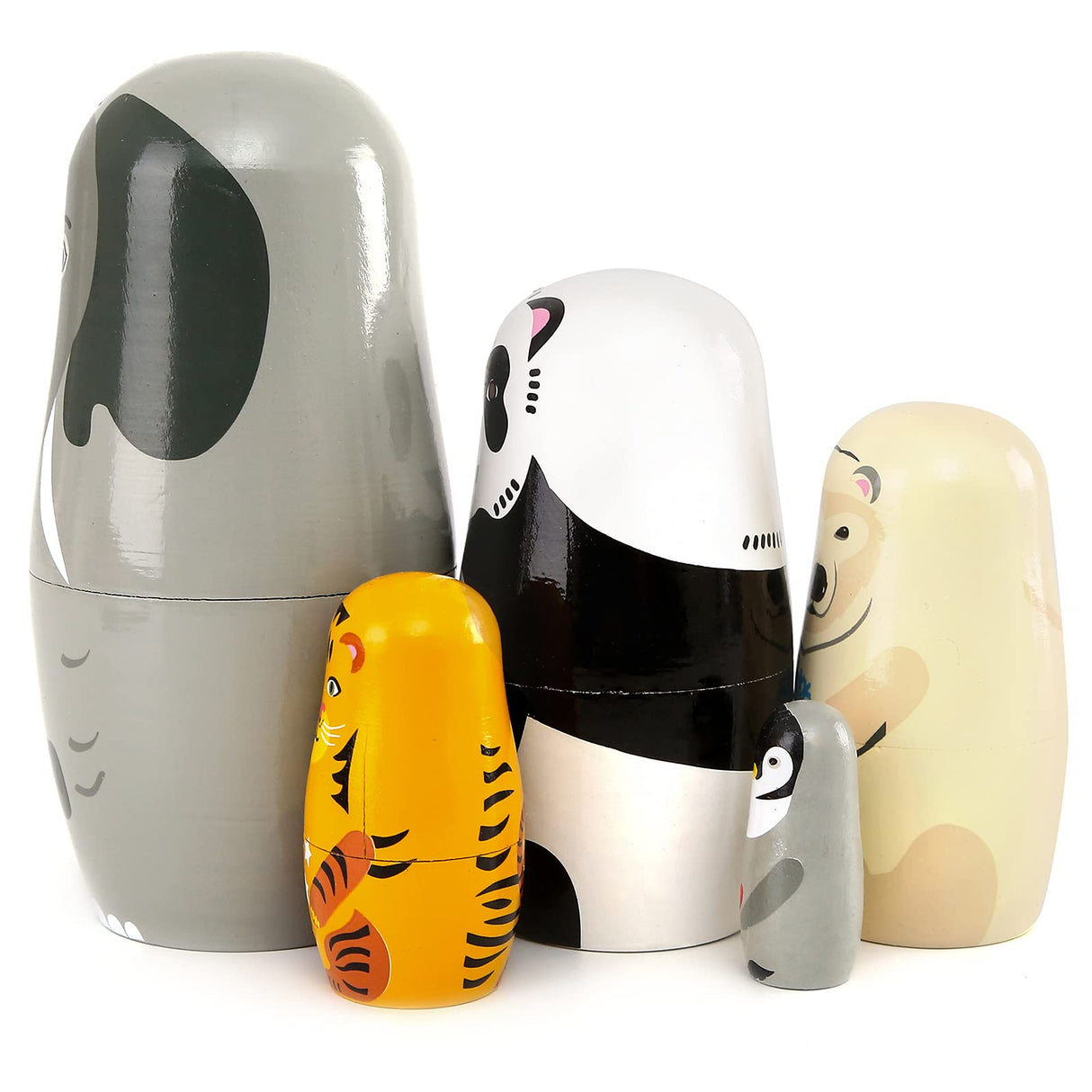 Moonmo 5pcs Handmade Wooden Animal Nesting Dolls - Elephant & Panda, Traditional Russian Matryoshka Gift Moonmo