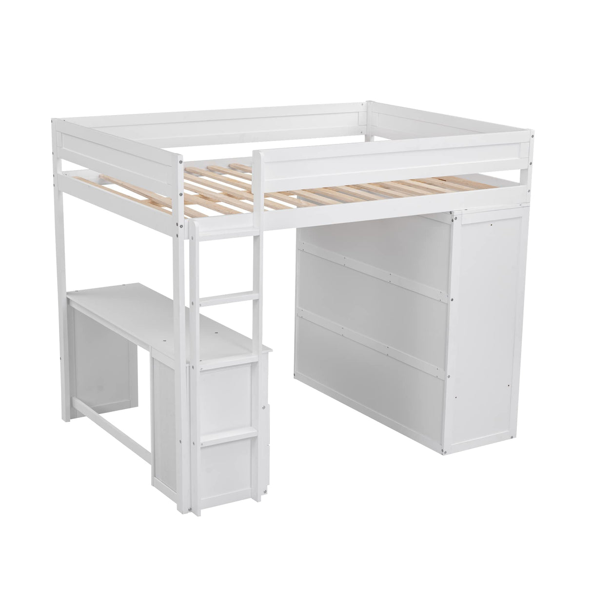 Merax Loft Bed Full Size Adult, Wood Frame with Desk and Wardrobe, Storage Design with Drawers & Cabinet, for Teen Girls & Boys(White) Merax