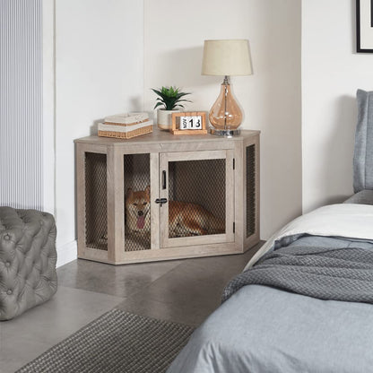 unipaws Furniture Style Corner Dog Crate for Small Medium Dogs, Indoor Aesthetic Puppy Kennel TV Stand, Modern Decorative Wood Pet House Dog Cage, Pretty Cute End Side Table Nightstand, Grey - WoodArtSupply