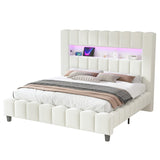 Jocisland King Bed Frame with 51.2" Tall Headboard, LED Lights & Charging Station, Velvet Upholstered Platform, No Box Spring Required, Cream Jocisland