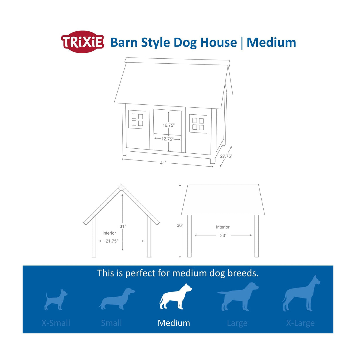 TRIXIE Natura Barn Style Dog House – Dog House for Medium Dogs with Weatherproof Sealer & Peaked Roof, Wooden Dog House with Adjustable Legs for Small to Medium-Sized Dogs – 41 x 27.75 x 36 in TRIXIE