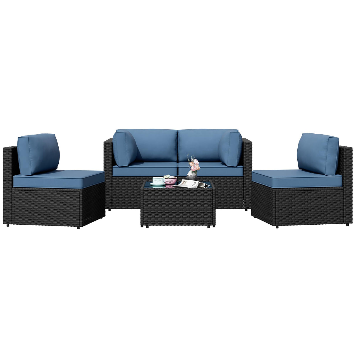 Shintenchi 5 Pieces Outdoor Patio Sectional Sofa Couch, Black PE Wicker Furniture Sets, Patio Conversation Sets with Washable Cushions Glass Coffee Table for Garden, Poolside, Backyard, Aegean Blue Shintenchi