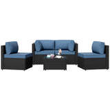 Shintenchi 5 Pieces Outdoor Patio Sectional Sofa Couch, Black PE Wicker Furniture Sets, Patio Conversation Sets with Washable Cushions Glass Coffee Table for Garden, Poolside, Backyard, Aegean Blue Shintenchi