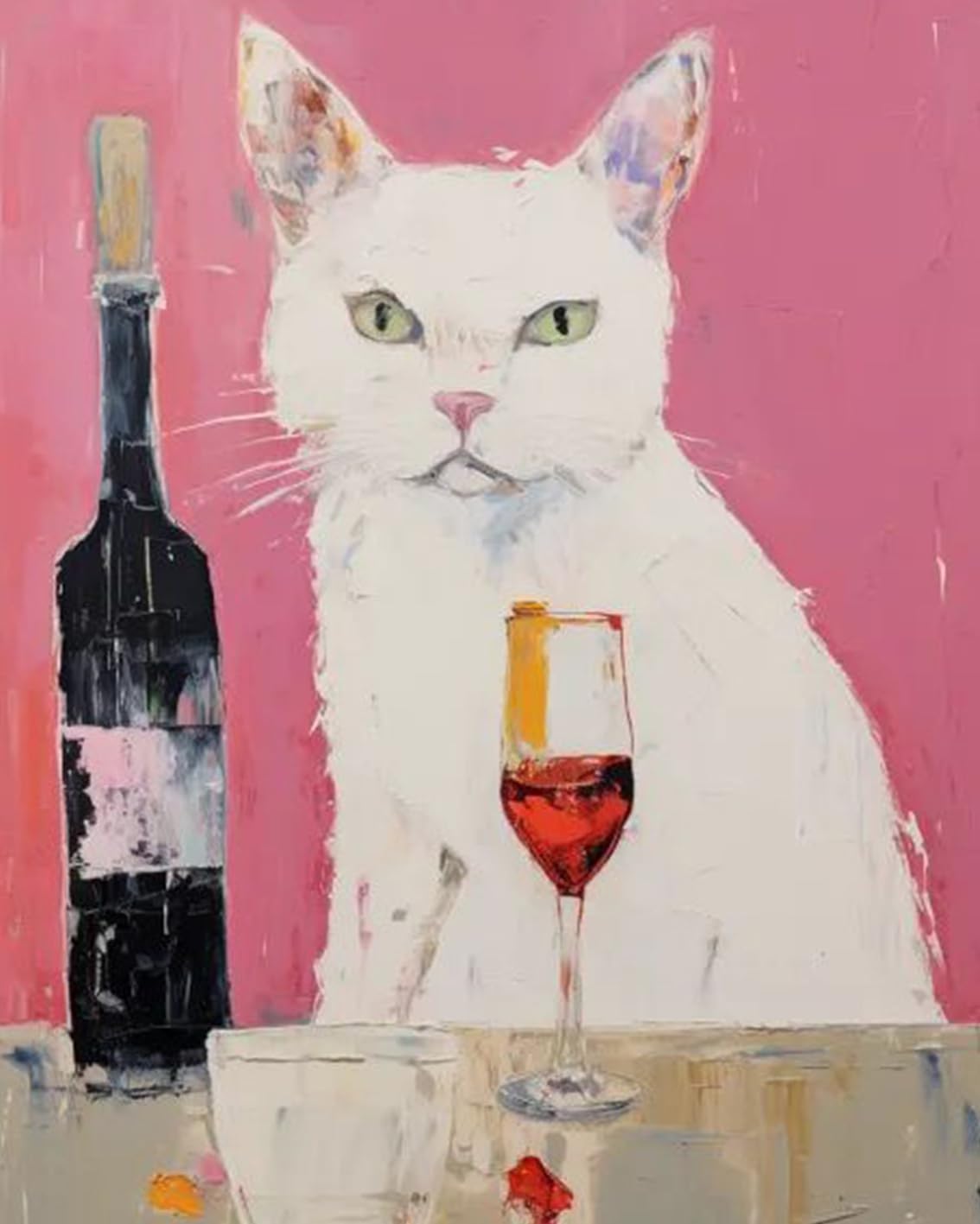 Tucocoo White Cat Drinking Wine Oil Painting Paint by Number Kits 16 x 20 inch Canvas Funny Animal Graffiti DIY Oil Painting for Kids Adults Beginner with Brushes Acrylic Pigment(Without Frame) Tucocoo