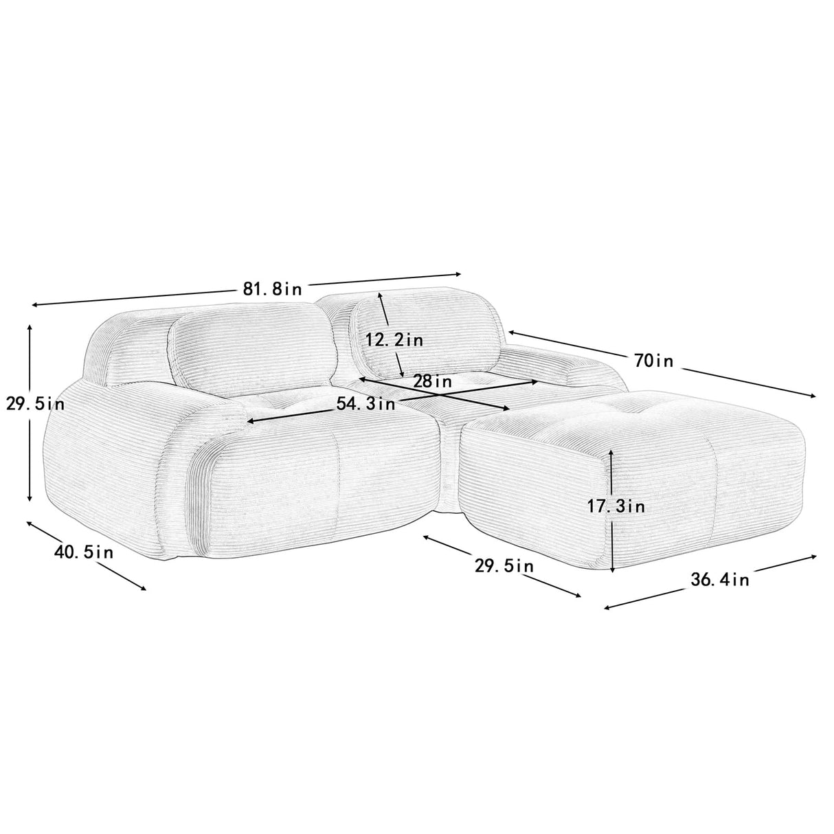 82" Modern Corduroy Boneless Love Seat Couches with 1 Ottoman, 2 Seater Large Sectional Couches for Living Room, Black Cloud Modular Sectional Sofa, Memory Foam, Extra Deep Loveseat, No Assembly ZenNook