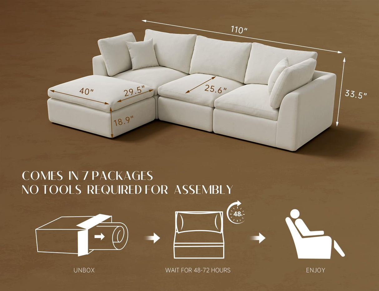 ohllob 110" Cloud Sectional Couches for Living Room, Convertible L-Shape Couch with Ottoman, 3 Seater Modular Sectional Sofa, Warm White ohllob
