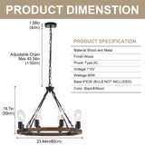 brfaixla 8 Lights 23.6'' Wooden Wagon Wheel Chandelier Farmhouse, Black Metal Ceiling Pendant Light Industrial Vintage Rustic Round Wood Chandeliers for Living Dining Room Kitchen Entryway Foyer brfaixla