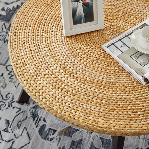 RANDEFURN Coffee Table Round, Seagrass Coffee Tables,Pine Wood X Base Frame Cocktail Table, Easy Assembled, Multiple Sizes for Living Room, Solid Wood Table,32 x 17 Inches,Natural RANDEFURN