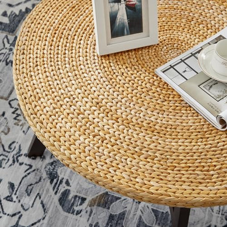 RANDEFURN Coffee Table Round, Seagrass Coffee Tables,Pine Wood X Base Frame Cocktail Table, Easy Assembled, Multiple Sizes for Living Room, Solid Wood Table,32 x 17 Inches,Natural RANDEFURN