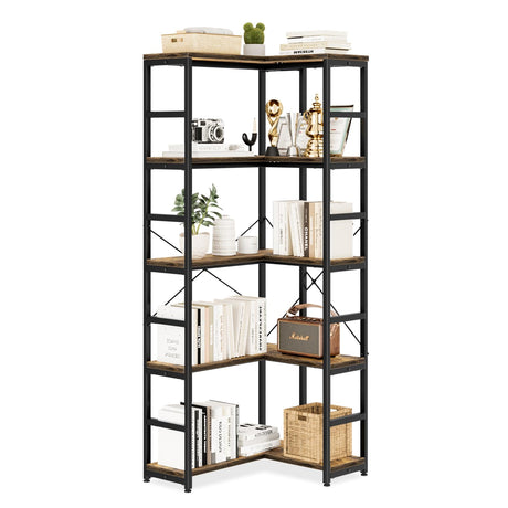 NUMENN 5 Tier Corner Bookshelf, Wood and Metal Bookcase Storage Shelf, Tall Corner Cabinet for Living Room, Bedroom, Home Office and Kitchen, Vintage NUMENN