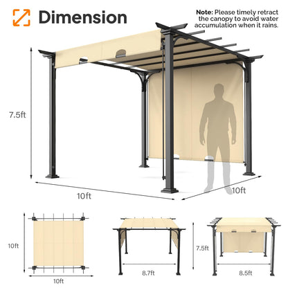 VINGLI 10’x 10' Outdoor Pergola Aluminum Retractable Pergola Canopy with Adjustable Roof, Patio Pergola for Deck, Porch, Garden, Yardn (Beige)