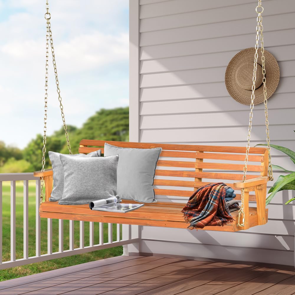 Panana Acacia Wood Porch Swing 2-Seater Outdoor Wooden Swing Bench with Hanging Chains for Garden Backyard Deck Patio - WoodArtSupply