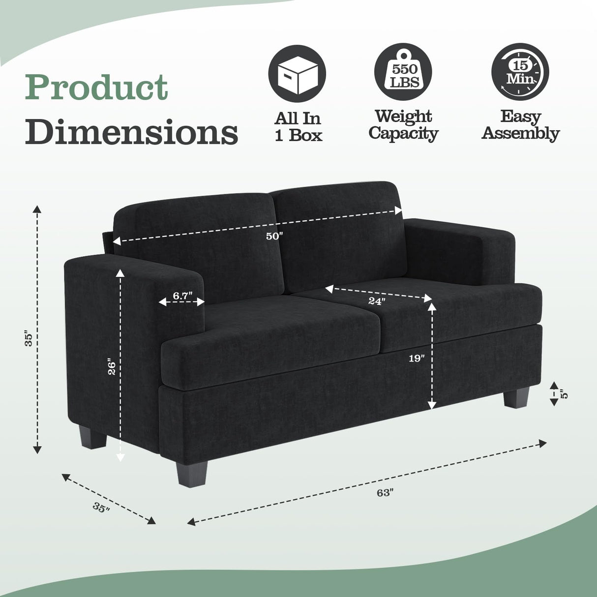 Apicizon 63" Cloud Sofa Loveseat Sofas, Comfy Loveseat Couch for Bedroom Living Room, Black Couch Sofa with Removable Cushions, Chenille Apicizon