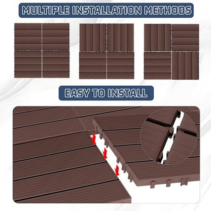 Plasic Interlocking Deck Tiles - 44 PCS 3D Teak 12"x12" DIY Waterproof, Non-Slip, All-Weather Patio Floors - Wood Grain Design for Indoor Outdoor Courtyards, Balconies