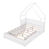 Merax Wood Queen Size House Platform Bed with Guardrail and 2 Drawers, Wooden Bedframe for Boys Girls Adult, No Spring Box Needed, White Merax