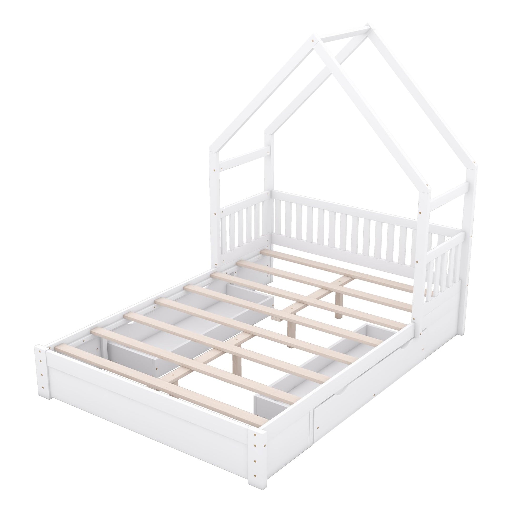 Merax Wood Queen Size House Platform Bed with Guardrail and 2 Drawers, Wooden Bedframe for Boys Girls Adult, No Spring Box Needed, White - WoodArtSupply